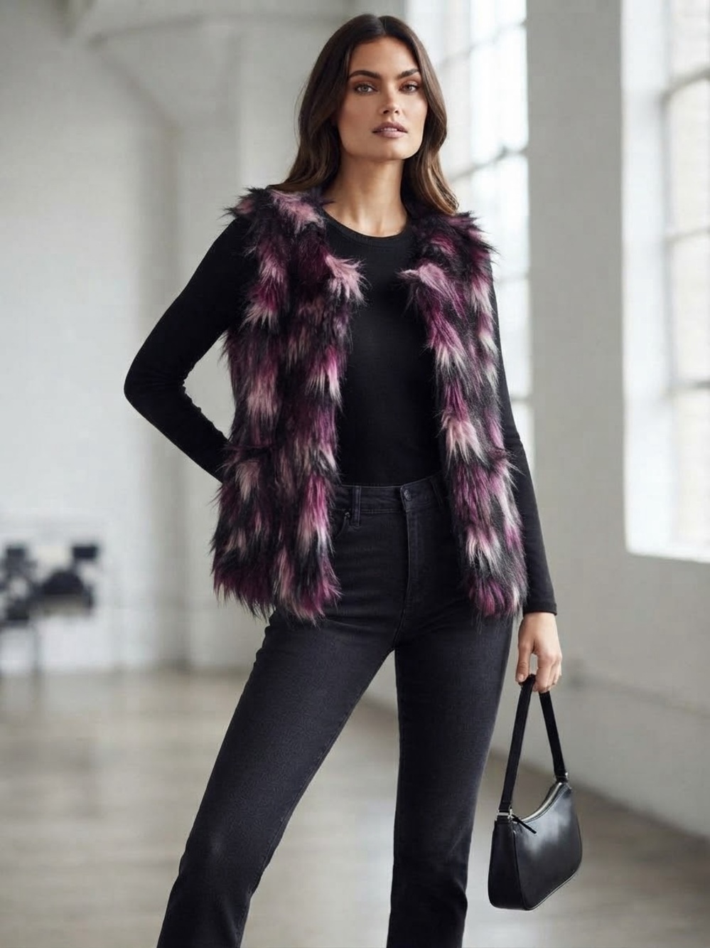 Say What? Faux Fur Open Front Vest in Pink and Purple Ombre